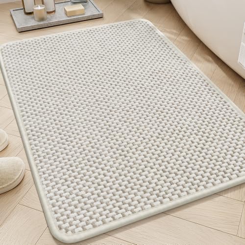 AMOAMI Chenille Bath Mat Super Absorbent Bathroom Mat Quick Dry Bath Mats for Bathroom Rubber Backed Bathroom Rugs Non Slip Washable Fit Under Door, Front of Bathtub, Sink, Beige&White 17"x24"