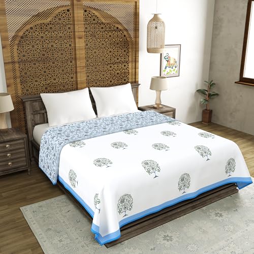 Image of BLOCKS OF INDIA 100% Cotton Dohar King Size Reversible Hand Block Printed Malmal Summer Dohar /Blanket (Blue Tree of Life)