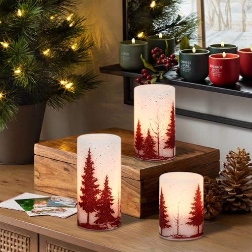 Image of GenSwin Christmas Flameless Candles with Timer, Red Christmas Tree LED Flickering Candles Real Wax, 3 Pack Pillar Fake Candle for Winter Indoor Fireplace Christmas Decor Table(D3 inch x H4 inch5 inch6 inch)