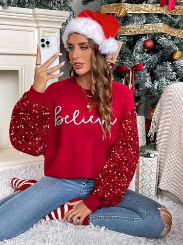 Believe Sequin Sleeve Christmas Sweater for Women - Image 2