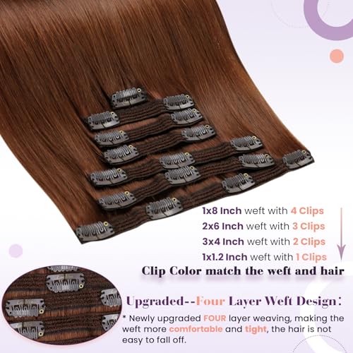 Image of LaaVoo Clip in Hair Extensions Auburn Brown Human Hair Clip in Extension Auburn Brown Hair Extension Clip ins Full Head 18 Inch 7pcs 135g