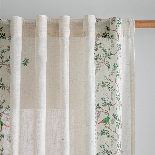 Image of MYSKY HOME Boho Curtains for Bedroom 63 Inch Long Linen Blended Semi Sheer Back Tab Drapes Leaf Bird Bohemian Style Texture Window Treatment for Living Room Decoration, 2 Pcs, Green, 50 inch Wide