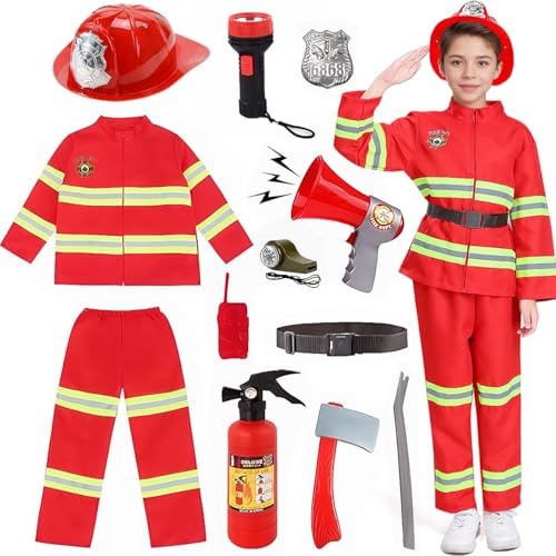 Costume de Pompier, Deguisement Pompier Enfant avec Pompiers Vêtements, Pantalons, Casque, Jouet,Pompiers Cosplay Jeu de Rôle pour Halloween Carnaval Déguisement Enfants Garçons Filles Cadeau