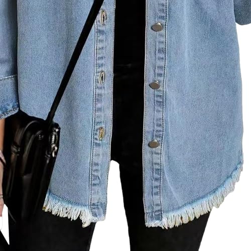 Denim Jackets for Women Trendy Oversized Button Up Frayed Hem Shacket Long Sleeve Denim Jean Jacket4