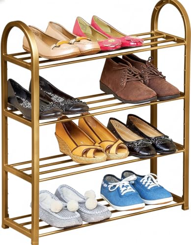 Image of Premium 4-Tier Metal Shoe Rack Organizer | Elegant Space-Saving Shoe Stand for Home & Entryway | Heavy-Duty Steel | Stores 8-12 Pairs (Gold, 4)