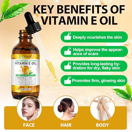 Vitamin E Oil for Skin, Face, Cuticles, 75,000 IU, 100% Organic Pure Natural Vitamin E Oil for Scars & Stretch Marks, Moisturizing Dry Skin & Winkles, Firming, Repairs & Protects, Non-Greasy, 2 Fl Oz - Image 3