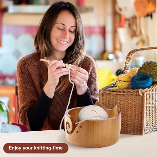 Image of Sunicon Cat Crochet Bowl, Wooden Yarn Bowls for Crocheting, Knitting Bowl, Yarn Storage Bowls, Crochet Yarn Holder for DIY Knitting and Crochet Christmas, Thanksgiving,New Year's Gifts(18x18x10cm)
