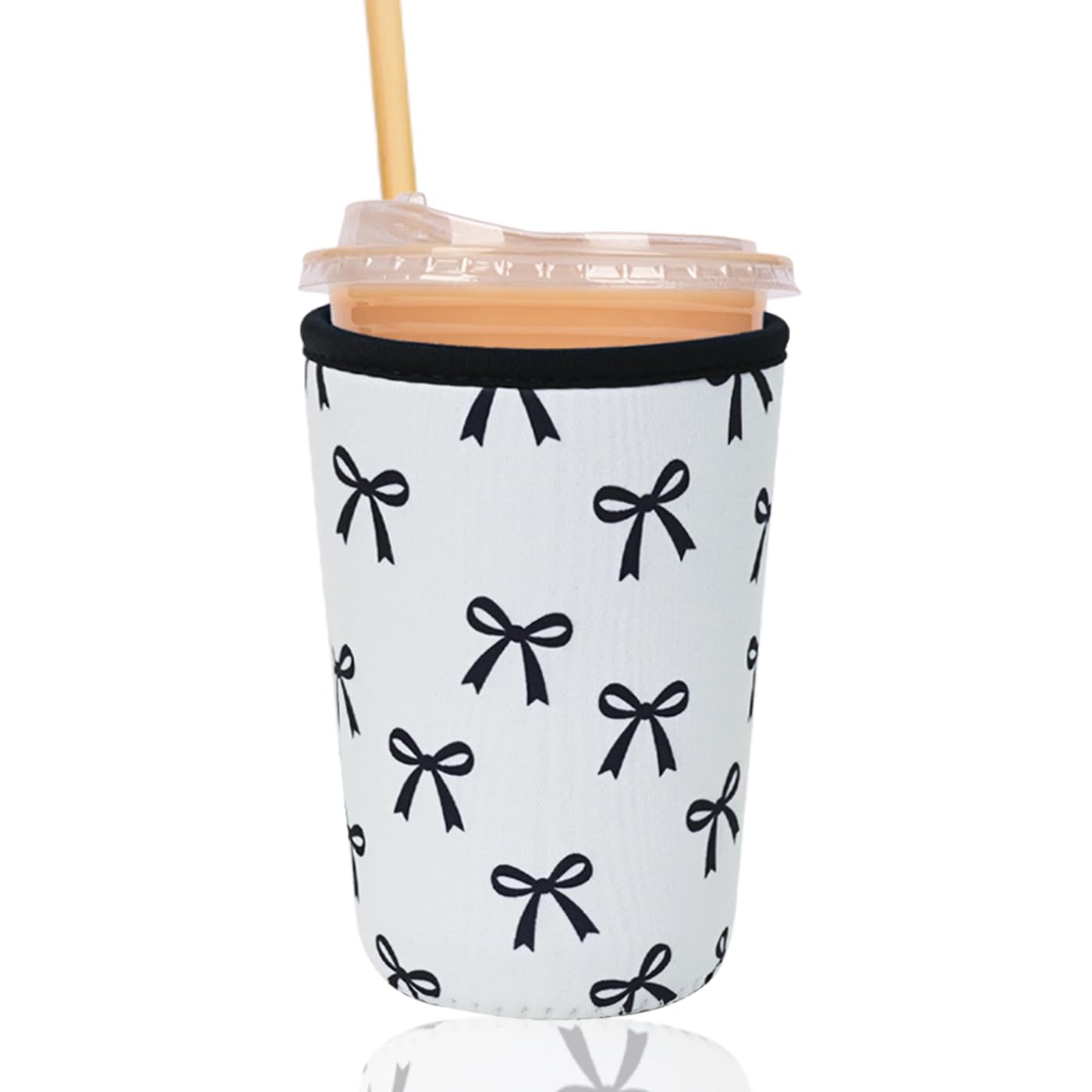 Reusable Insulated Sleeve for Iced Coffee Cup, Coffee Neoprene Sleeve for Cold &amp; Hot Drinks, Beverage Holder for Iced Coffee (Black Bow, Medium: 22-24oz)