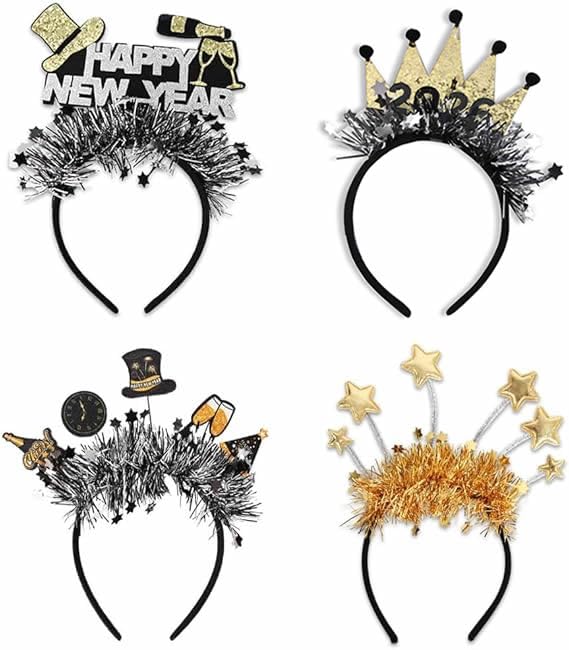 Dusenly 4pcs 2026 New Years Eve Party Headbands Happy New Year Headband Tiara 2026 Hair Hoop Headdress Hair Accessories for Kids and Adults