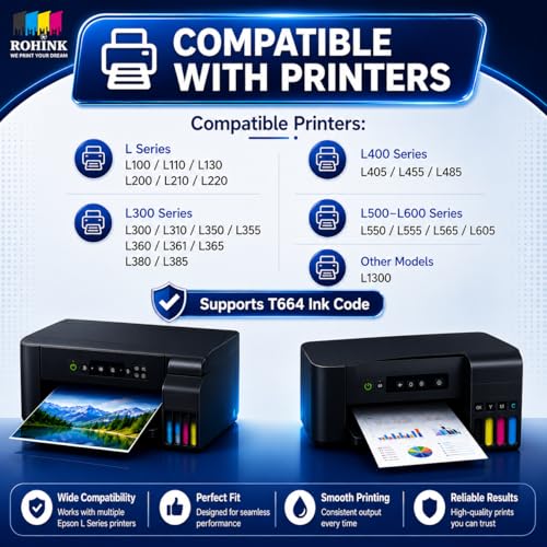 Image of ROHINK T664 Compatible Refill Ink for Epson L130, L360, L380, L361, L565, L210, L220, L310, L350, L355, L365, L385, L550, L555, L605, L1300 Printer - 70ml x 4 Bottle (B,C,Y,M)