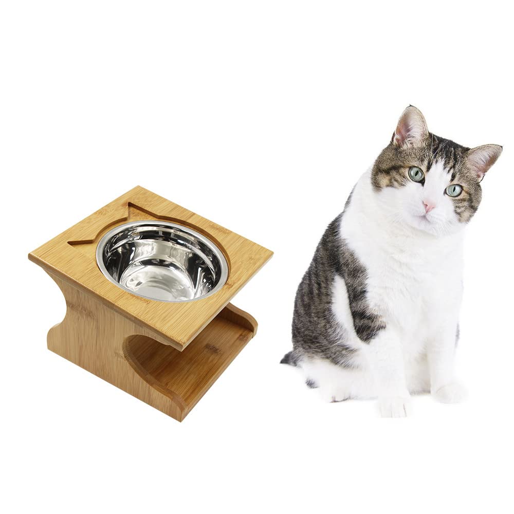 Ciotole per Gatti Cani Rialzate Ciotole Gatto Cane in Ceramica/Acciaio Inossidabile con Supporto in Legno