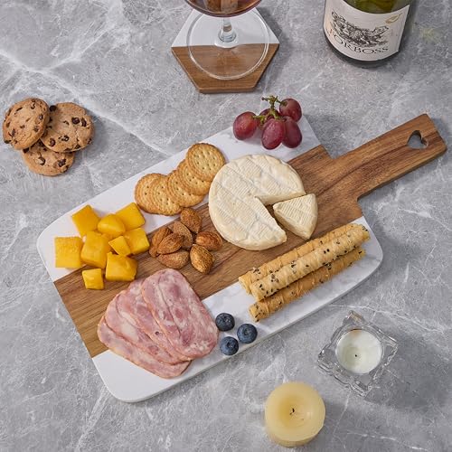 Tabla de cortar rectangular de mármol y madera con posavasos miniatura 6