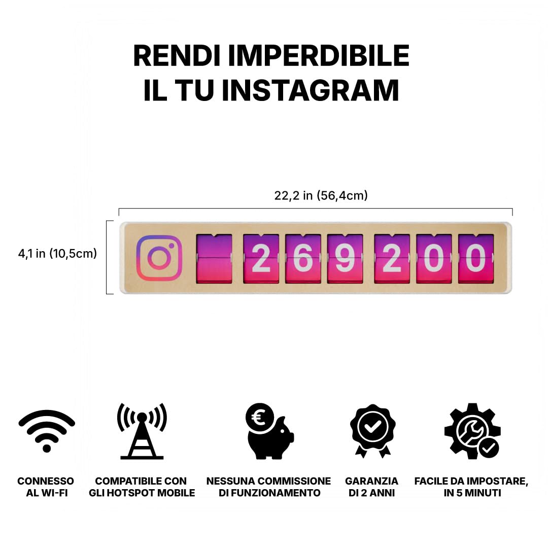 Contatore istantaneo di Follower Instagram - Collegato ai Tuoi Social Network Aziendali in Tempo Reale - Potenzia la visibilità e fidelizza - Struttura in Legno - Wi-Fi - 7 Numeri