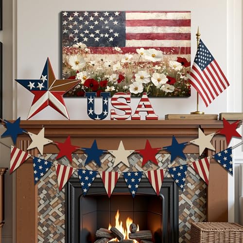 Image of Framed American Flag Mason Jar Wall Art, Patriotic Farmhouse Canvas Art Pictures, USA Rustic Wall Decor, Made in USA Ready to Hang for Kitchen Dining Room
