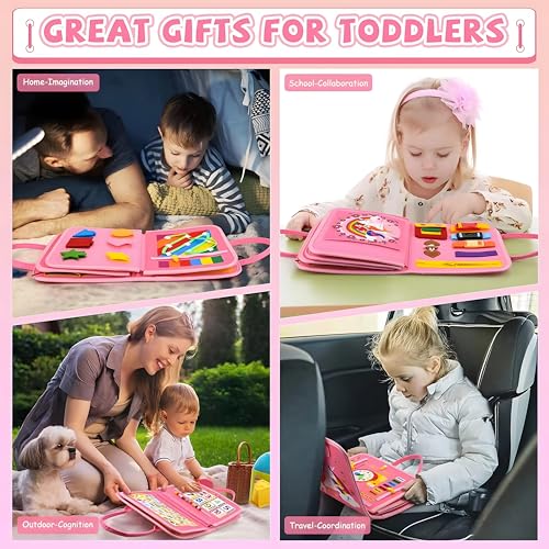 Image of Montessori Busy Board Sensory Toddler Activity Book (Pink) | Toddla Learning Quiet Book for Girls & Boys Ages 1-3, Ideal Birthday & Christmas Gift for 1+ Year Old