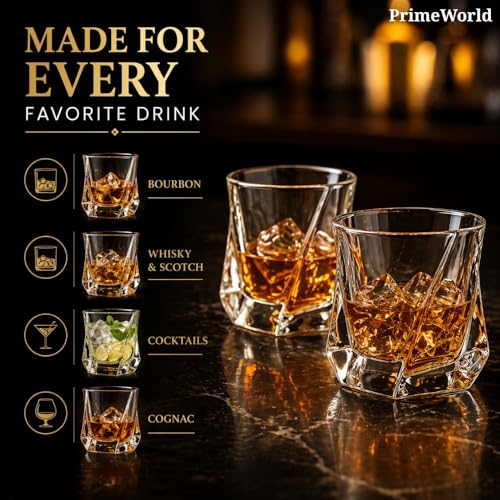 Image of PrimeWorld Eropean Twister Crystal Whiskey Glasses Set of 6 pcs- 300 ml Bar Glass for Drinking Bourbon, Whisky, Scotch, Cocktails, Cognac- Old Fashioned Cocktail