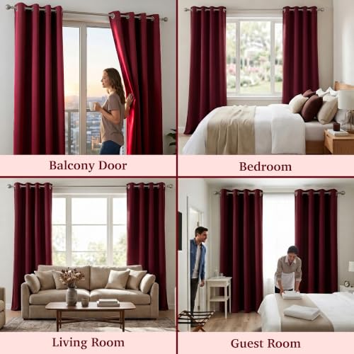 Image of 100% Blackout Window Curtains, 5 Feet, Solid Design, Faux Silk, Thermal Insulated, Noise Reducing Eyelet Door Curtain with Tie Back for Living Room & Bedroom, 115x150cm, Pack of 2 - Maroon