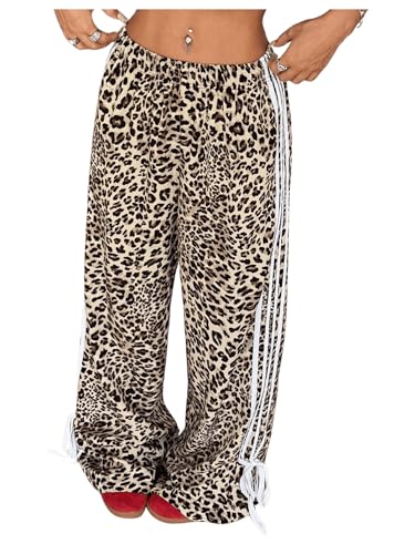 MakeMeChic Women's Plus Size Leopard Print Bow Pants Wide Leg Baggy Y2k Trousers
