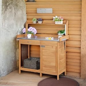Topeakmart outdoor potting bench table work station garden planting with cabinet drawer top shelf lower shelf natural wood  urban country home decor
