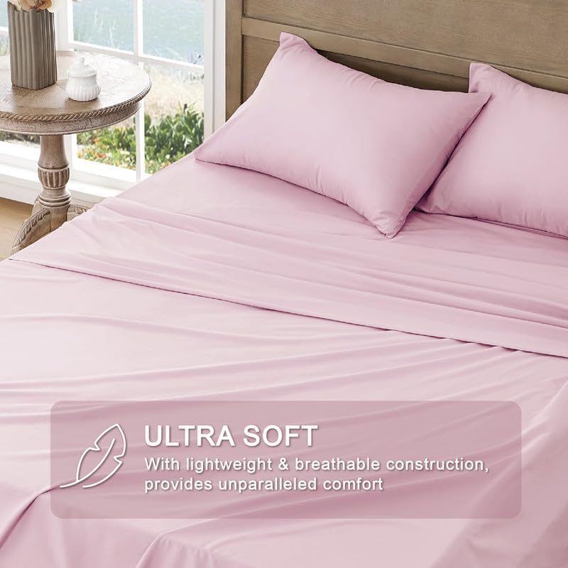 Image of FreshCulture Queen Sheet Set - Ultra Soft Sheets for Queen Size Bed - Brushed Microfiber - Deep Pockets - Easy Care - Cooling & Breathable - 4 Pieces Hotel Luxury Queen Bed Sheets (Dusty Pink)