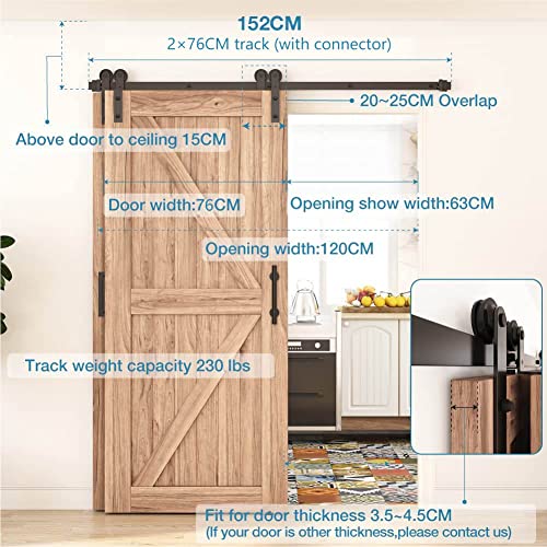 WINSOON 152cm Single Track Bypass Sliding Door Track Double Door Kit, Heavy Duty Barn Sliding Door Closet Kit - Image 2