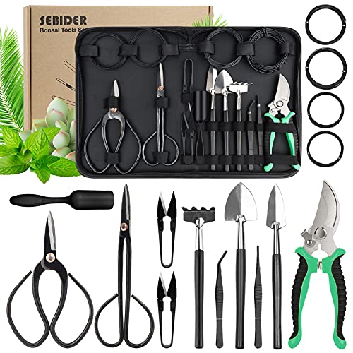 SEBIDER Bonsai Tree Kit Bonsai Tools Set Succulent Kit 16PCS Garden Hand Tool Set Include Pruning Shears, Carbon Steel Bonsai Scissors, Perfect Bonsai Starter Kit Gardening Trimming Tools