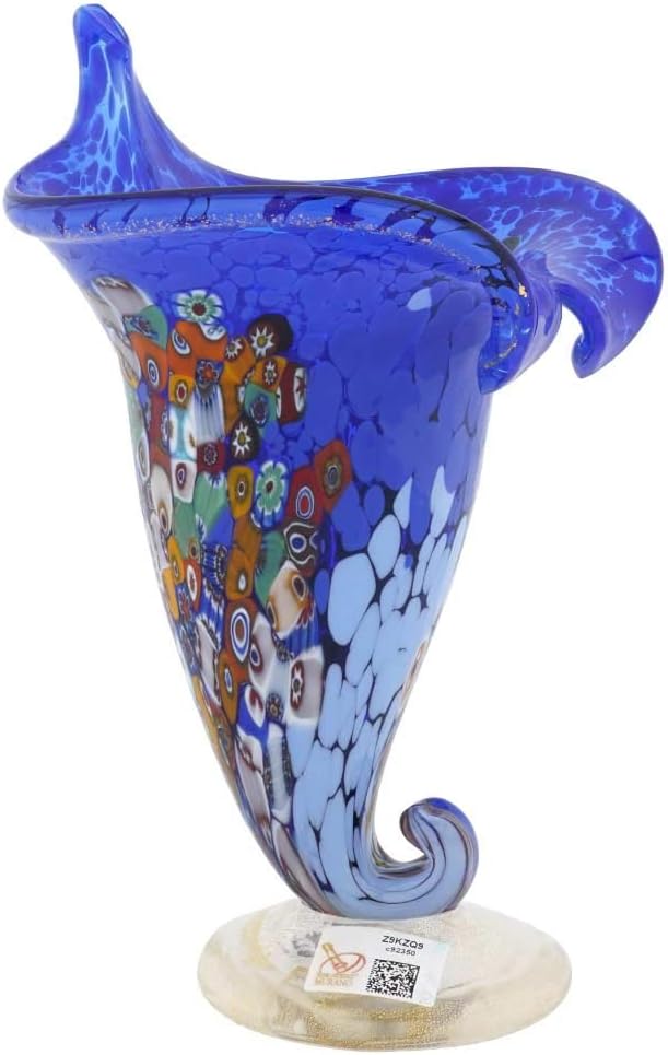 Glass Of Venice Murano Glass Millefiori Horn of Plenty Vase - Blue