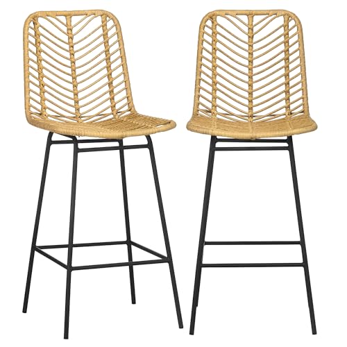 HOMCOM Rattan Bar Stools Set of 2, 26' Counter Height Barstools, Boho Kitchen Island Stools with...