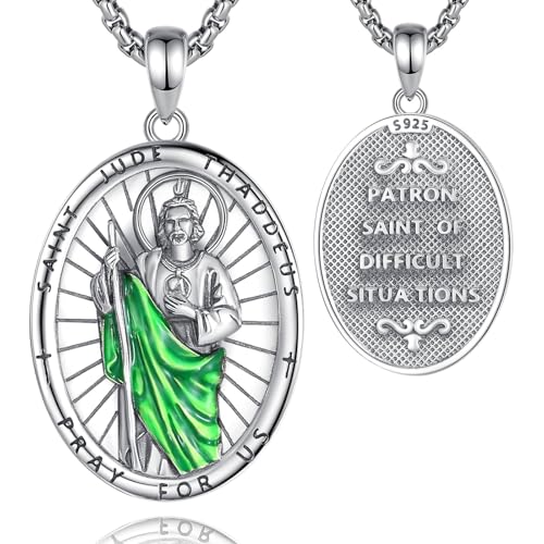 INFUSEU Unique St Jude Necklace for Women Men Green Enamel Saint Jude Pendant St. Jude Medal 925 Sterling Silver Medalla De San Judas Tadeo Jewelry Catholic Medallions Christian Religious Gifts