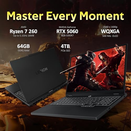 Image of Lenovo Legion 5 15.1 inch WQXGA 165Hz Gaming Laptop, AMD Ryzen 7 260, GeForce RTX 5060 GDDR7, 64GB DDR5, 5TB Storage(4TB SSD+1TB Docking Station Set), RGB Backlit Keyboard, Wi-Fi 7, Win11 Pro, Black