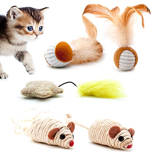 4yourpet Juego de 5 Juguetes para Gato Playfun Hechos de Materiales Naturales, ratón de sisal, Gato, bambú
