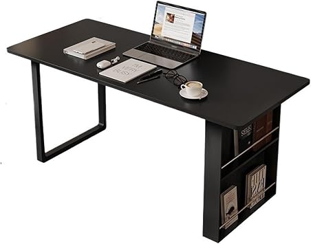 PC Workstation Modern Home Office Desk with 2-tier Vertical Magazine Rack, Rock Slab Top Study Writing Desk Laptop Table, BlackM