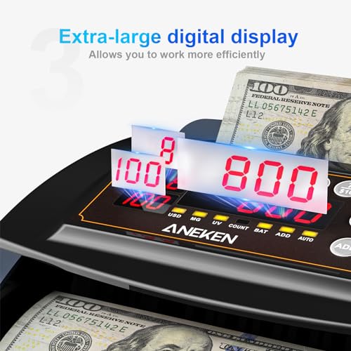 Aneken Money Counter with Value Count, UV/MG/IR Counterfeit Bill Detection for Dollars Euros with Count/Add/Batch/Auto Modes, Cash Counter with External LCD Display