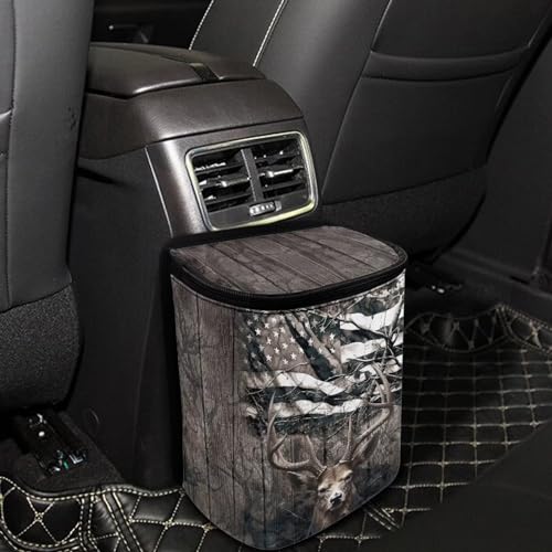 Image of Talayituse Deer American Flag Print Car Trash Can with Adjustable Straps, Foldable Car Trash Bag Bin Car Garbage Bag Multipurpose Storage Box for Vehicle Travel Camping Picnicing