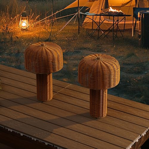 Image of JONATHAN Y 10 inch Light Brown /Brown Modern Scandinavian Faux Wicker Rechargeable Table Lamp Set of 2, Cordless Dimmable Integrated LED Lantern for Indoor /Outdoor Patio, Woven Shade (JYL7155B-SET2)