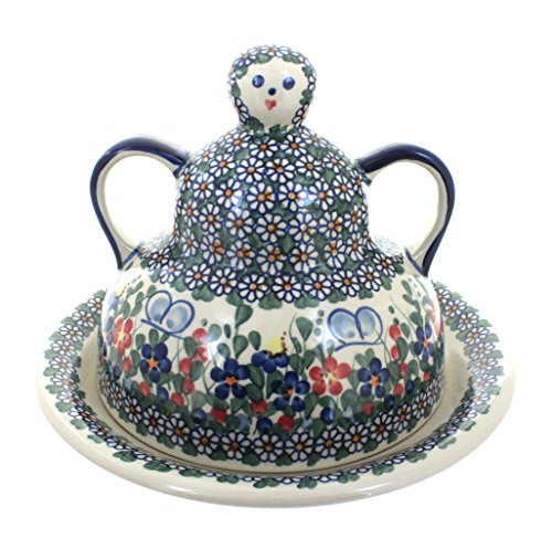 Blue Rose Polish Pottery - Red Garden Butterfly Cheese Lady - 10.5" Diameter - Polish Pottery Ceramic Cheese Keeper with Lid, Decorative Butter or Cheese Dish