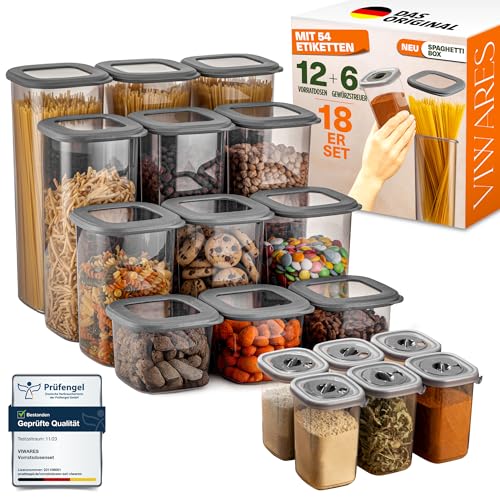 Viwares Vorratsdosen Set 18-teilig – inkl. 2,0L Spaghetti Box & 6 Gewürzdosen mit Dosierdeckel...