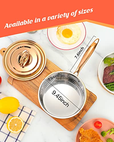 Daedalus 4 Quart Uncoated Nonstick Saucepan With Lid, Stainless Steel Pot Triply Hammered Copper For Cooking, Induction Saucepan Cookware For Home Kitchen Restaurant, Dishwasher Oven Safe - Gold #TOP4