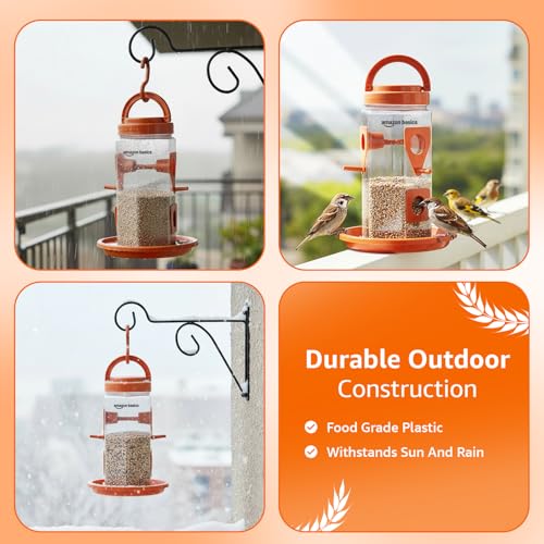 Image of Amazon Basics Hanging Bird Feeder | 500 g Capacity (Set of 2) | Multiple Feeding Ports | Weather-Resistant Food-Grade Plastic | Brown