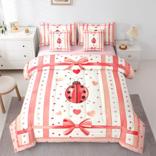 Image of Cute Ladybug Comforter Set 7 Pcs Polka Dots Heart Graffiti Girly Bedding Sets Watercolor Pink Stripes Bowknot Bed in a Bag with Comforter Flat Sheet Fitted Sheet 2 Pillowcases 2 Pillow Covers,Full
