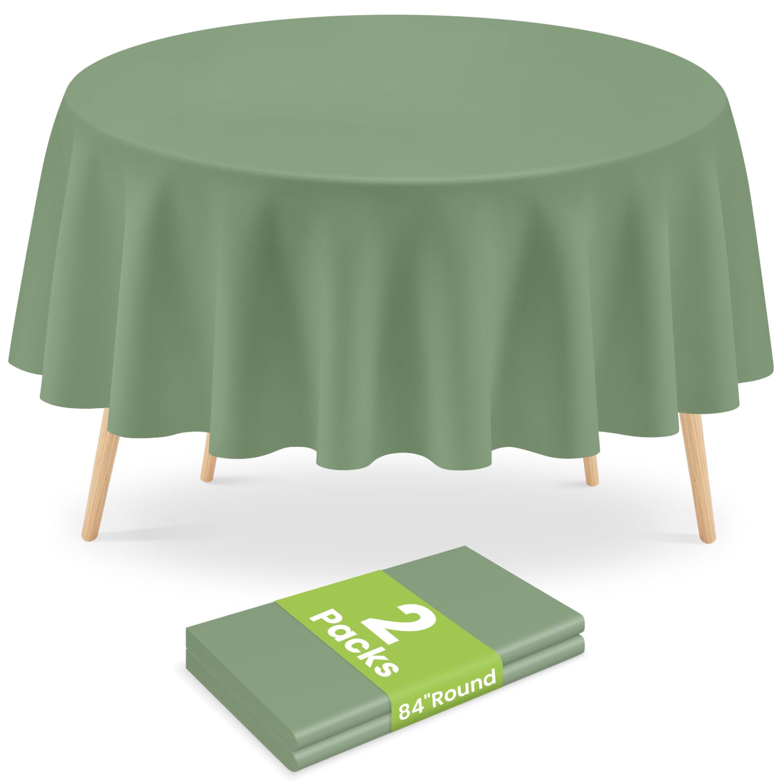 Mulbozy 2 Pcs Sage Green Round Plastic Tablecloth Disposable