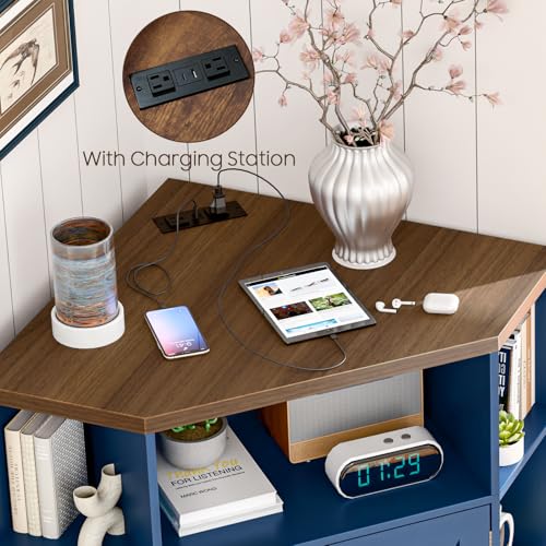 Image of Halitaa Corner Storage Cabinet, Farmhouse Corner Bookshelf with Storage 6-Cubby Wooden Cabinet with USB Ports and Outlets Industrial Organizer for Small Space, Study, Playroom, Blue and Brown