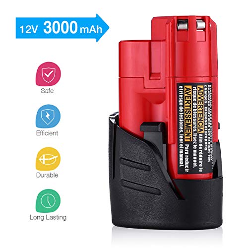 Powerextra M12 2 Pack 12V 3000Mah Lithium-Ion Replacement Battery Compatible With Milwaukee M12 48-11-2411 48-11-2420 48-11-2401 48-11-2402 48-11-2401 12-Volt M12 Cordless Tools thumb #1