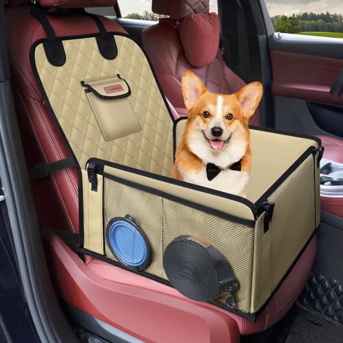 Seggiolino Auto per Cani, Trasportino Impermeabile Antistrappo Antisscivolo per Piccola e Media Taglia con Rete Laterale e Cintura di Sicurezza Universali per Auto SUV Camion, Beige