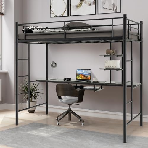 LIFEZEAL Cama Alta 90x190 cm con Escritorio y 3 Estantes, Litera de Metal con Barandilla y 2 Escaleras, 150 kg de Capacidad de Carga, para Niños, Adolescentes, Adultos (Negro)