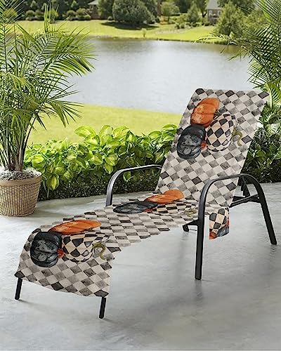 Pumpkins Floral Beach Chair Towel Covers for Chaise Lounge with Side Pocket, Soft Plush Pool Towels Cover for Patio Sunbathing Outdoor 29''x85'' Shabby Chic Fall Thanksgiving Plaid Black Orange