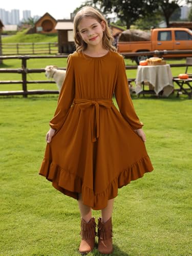 Girls Boho Dress Teen Long Sleeve Lace Backless Tie Back High Low Swing Pocket Dresses with Belt Size 5-16 Years