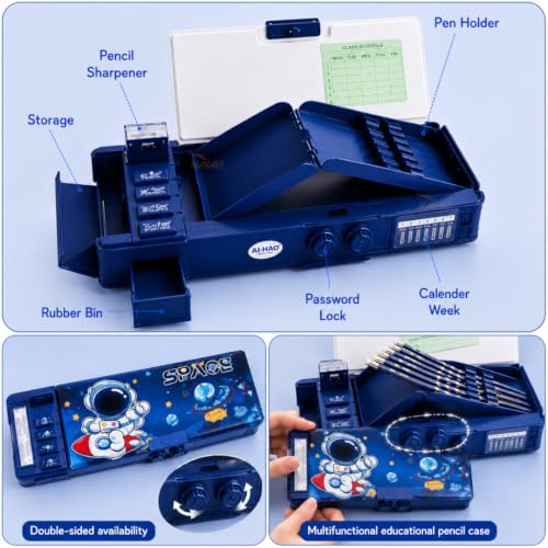 Image of Space Theme Multifunction Pencil Box for Kids | Large Capacity Compass Box with Sharpener, Timetable Card, Pen & Pencil Holder | School Stationery Organizer Case (Blue)