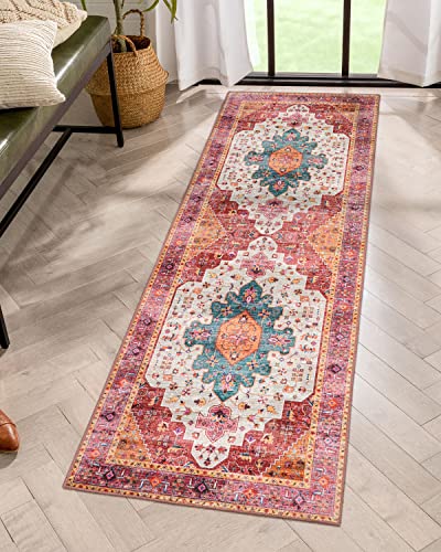 Moynesa Ultra-Thin Washable Runner Rug - Pink 2x5 Bathroom Rug Low Pile Hallway Rug Runner, Non Slip Pet Friendly Indoor Floor Carpet Runner for Kitchen Living Room Bedside Laundry Room
