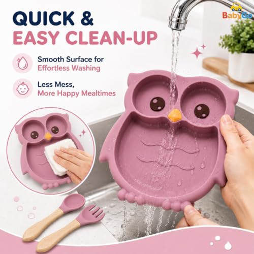 Image of BabyGo Silicone Suction Plate for Babies & Toddlers | 3-Section Owl-Shaped Feeding Set | Strong Suction Cups | BPA-Free, Microwave Safe | Self-Feeding| 1 Plate & 2 Spoons | Pink
